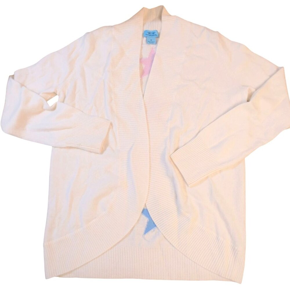 Two Bees Cashmere Cardigan Medium Open Front Stars Soft Knit Ribbed Hem Cuffs